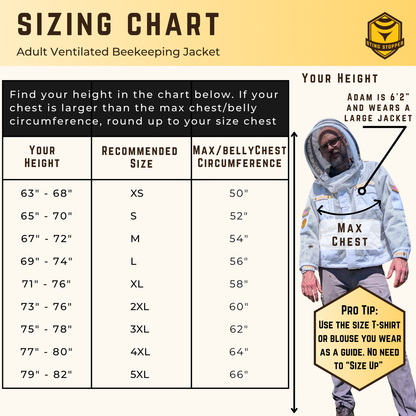 Professional Triple Layer Ventilated Beekeeping Suit Sizing Chart
