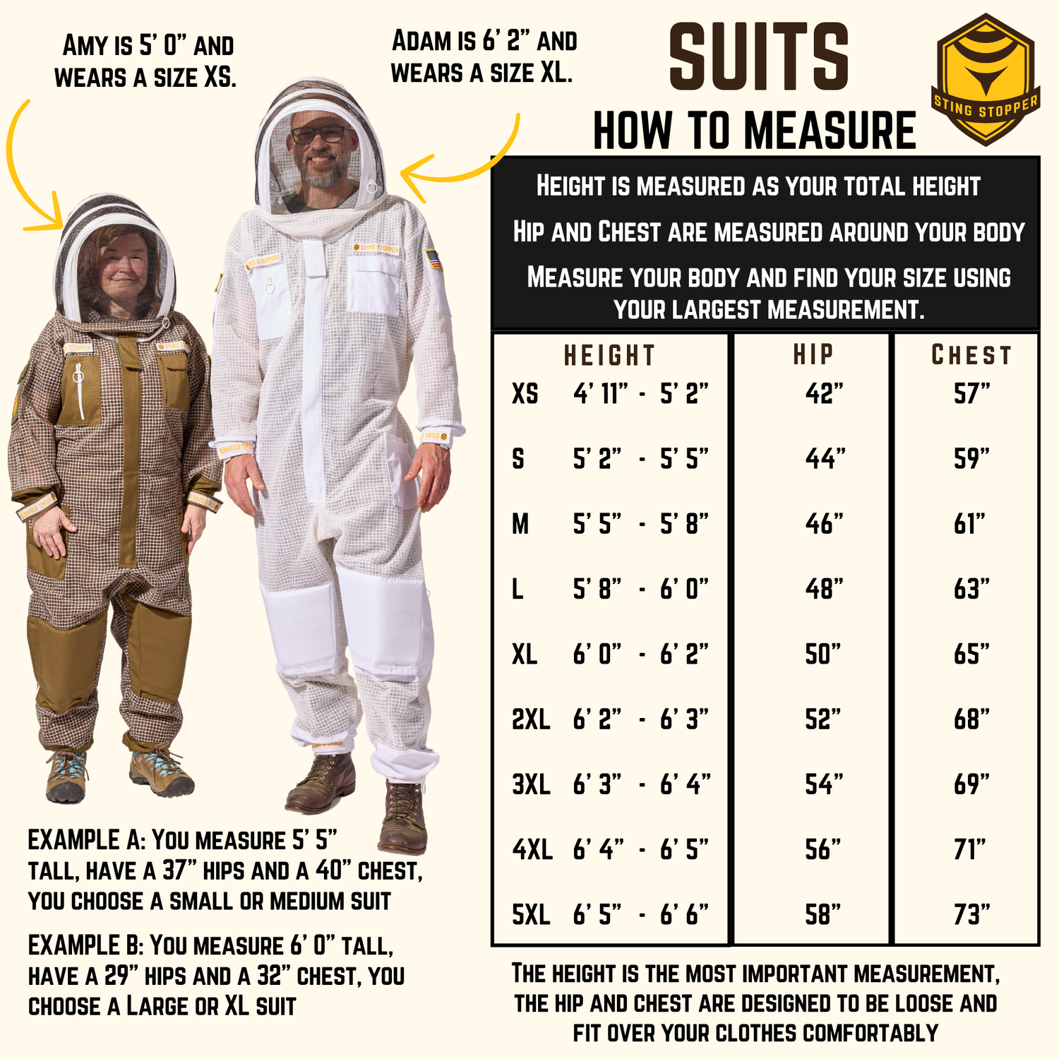 Sting Stopper ventilated beekeeping suit  sizing chart